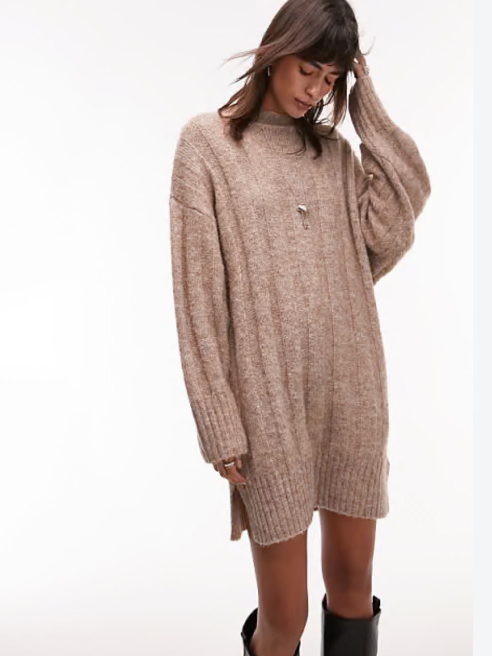 Topshop Beige Oversized Funnel Neck Rib Knit Sweater Dress